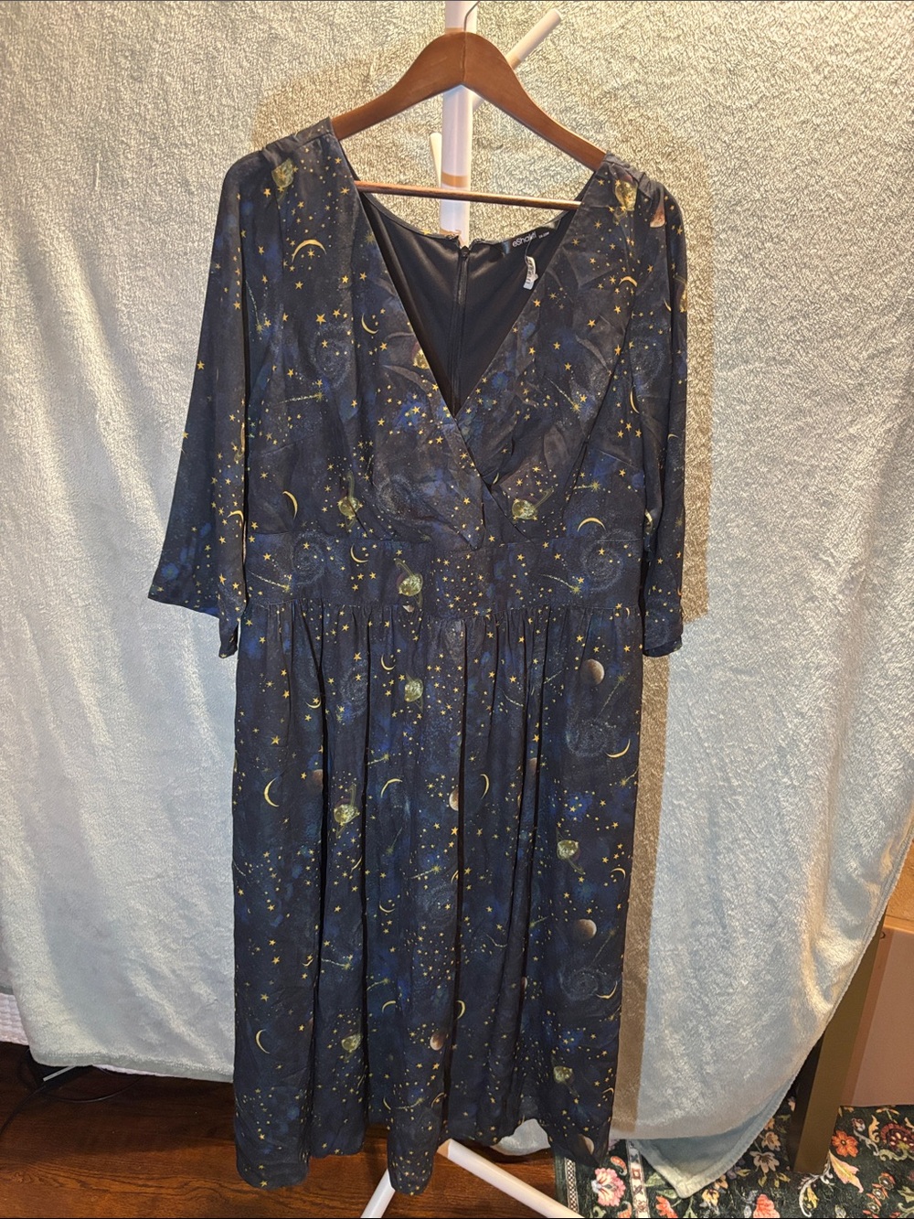 eshakti Black & Navy Dress with Gold Celestial Print moon and stars